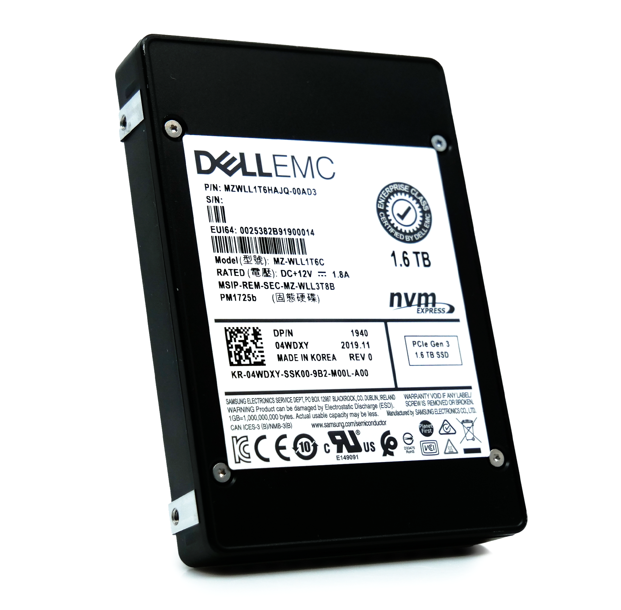 Samsung/Dell PM1725b MZWLL1T6HAJQ 1.6TB 3 DWPD PCIe Gen 3.0 x4 4GB/s Read Intensive 3D TLC 2.5in Refurbished SSD