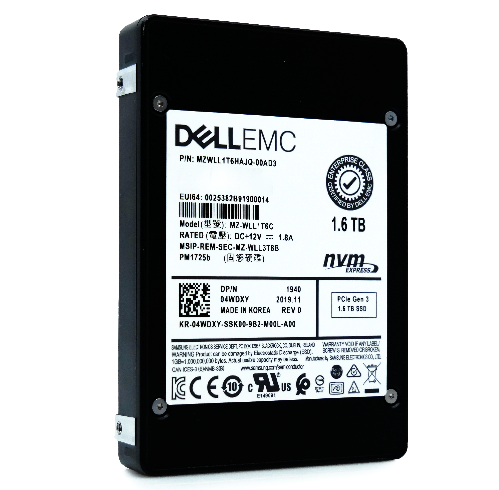 Samsung/Dell PM1725b MZWLL1T6HAJQ 1.6TB 3 DWPD PCIe Gen 3.0 x4 4GB/s Read Intensive 3D TLC 2.5in Refurbished SSD