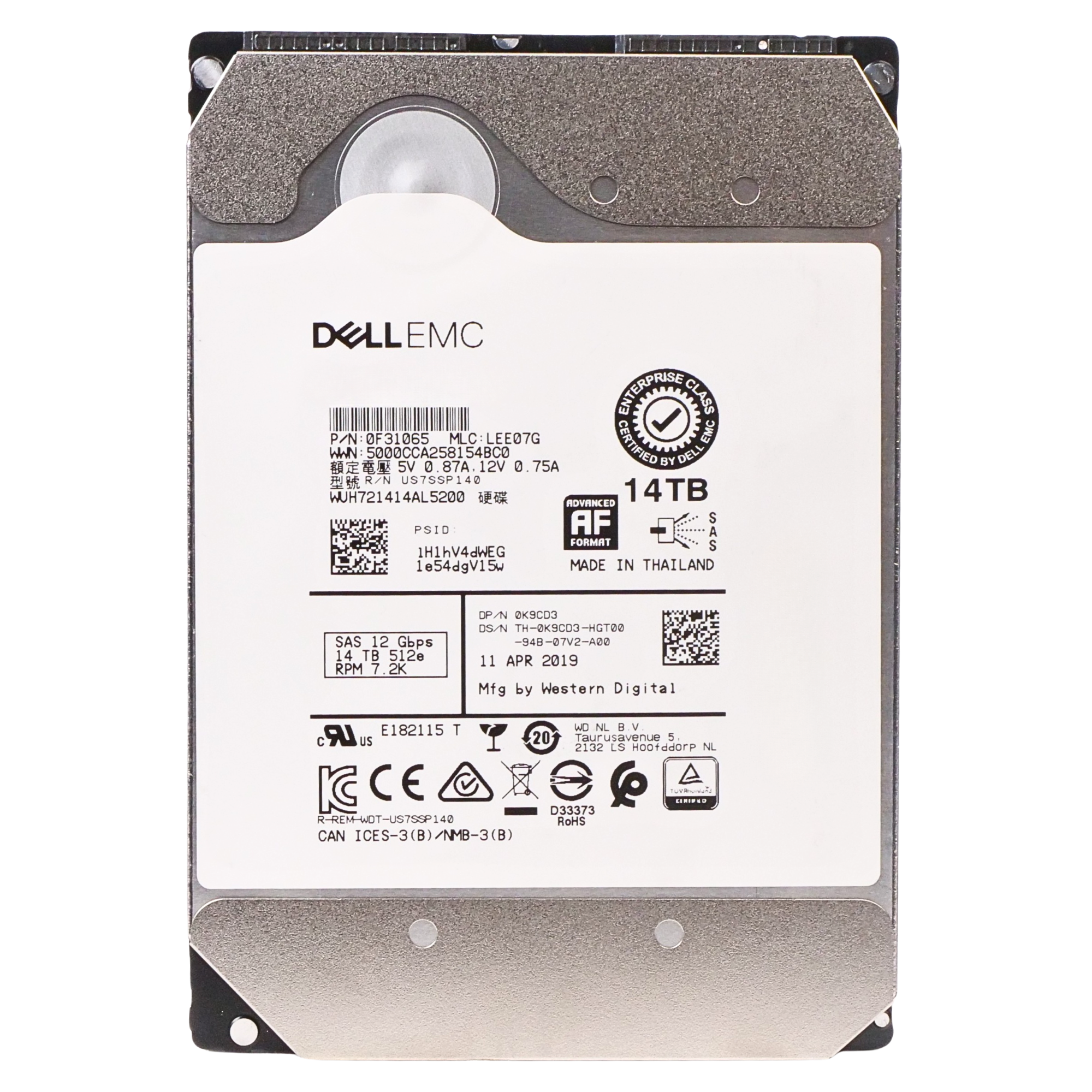 Dell/Western Digital Ultrastar DC HC530 WUH721414AL5200 0F31065 14TB 7.2K RPM SAS 12Gb/s 512e 512MB 3.5in HDD