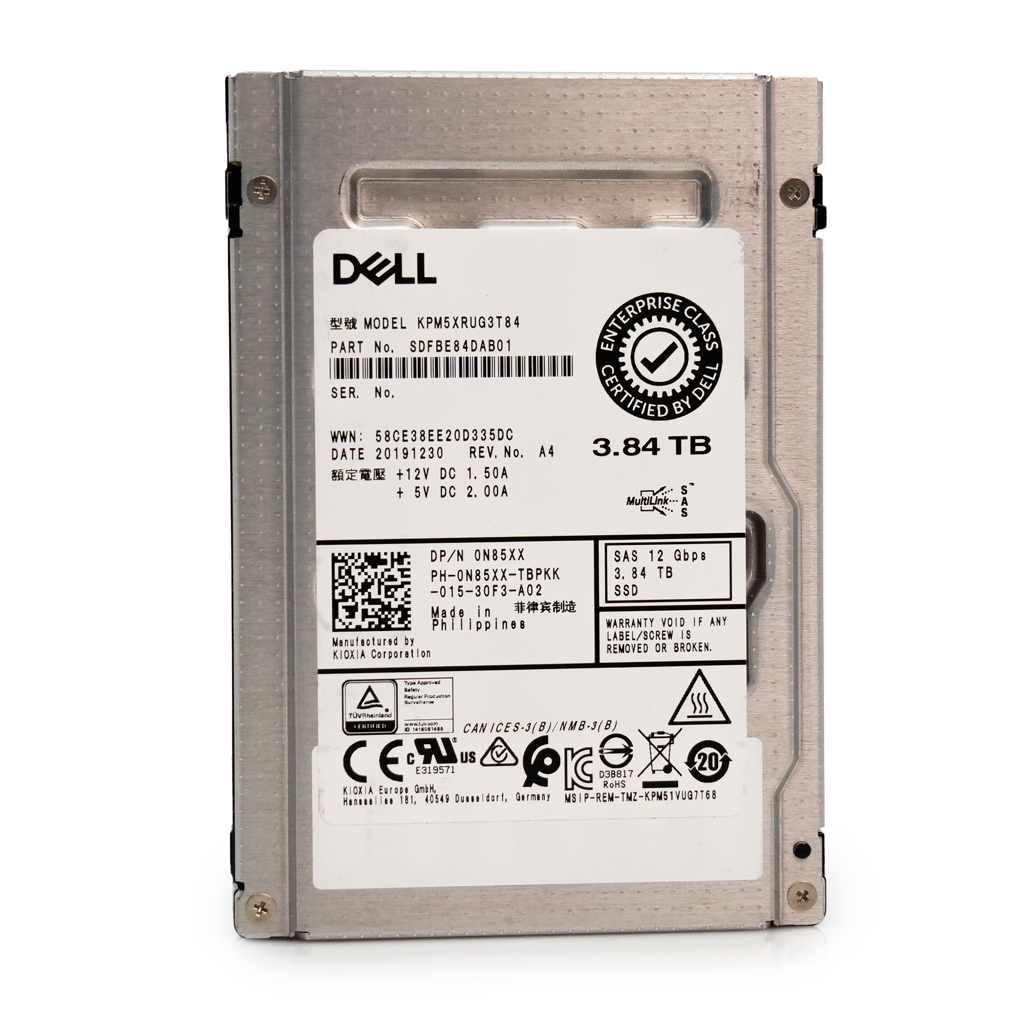 Kioxia/Dell PM5-R KPM5XRUG3T84 3.84TB 1 DWPD SAS-3 12Gb/s Read Intensive 3D TLC 2.5in Refurbished Enterprise SSD