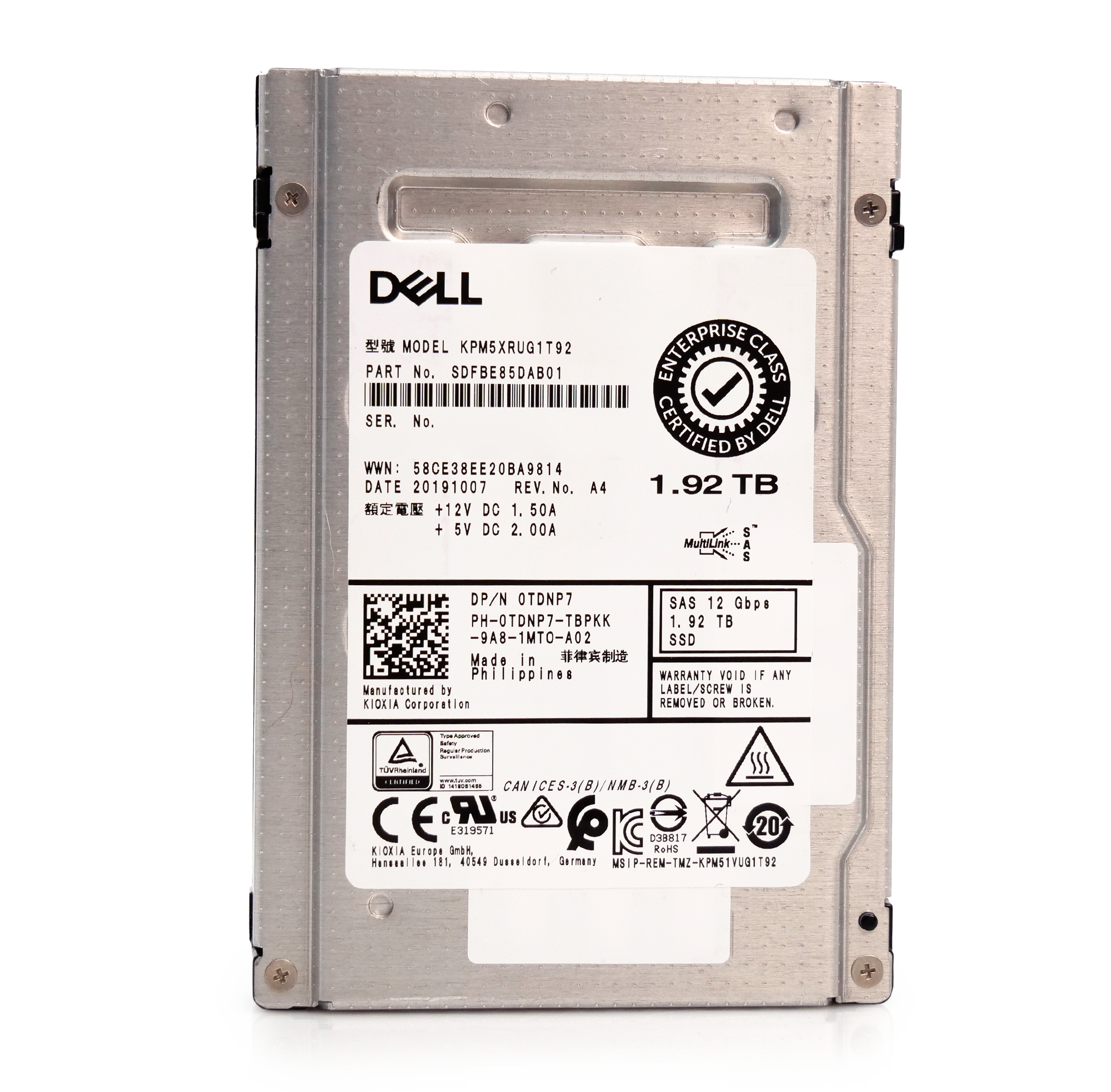 Kioxia/Dell PM5-R KPM5XRUG1T92 1.92TB 1 DWPD SAS-3 12Gb/s Read Intensive 3D TLC 2.5in Refurbished Enterprise SSD