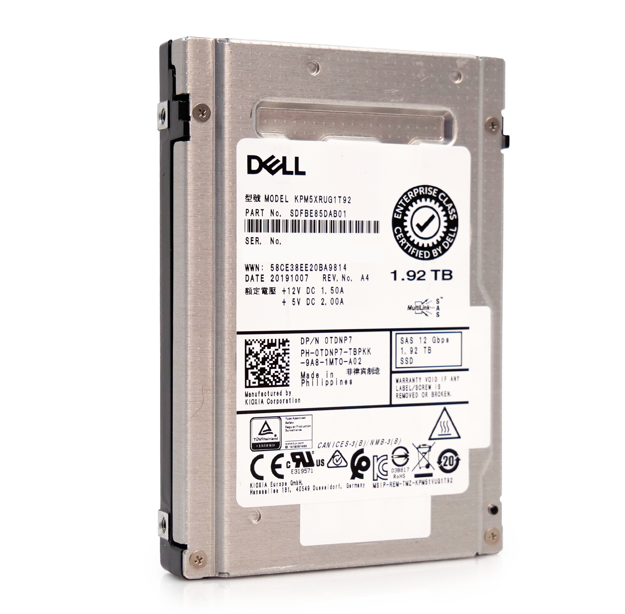 Kioxia/Dell PM5-R KPM5XRUG1T92 1.92TB 1 DWPD SAS-3 12Gb/s Read Intensive 3D TLC 2.5in Refurbished Enterprise SSD