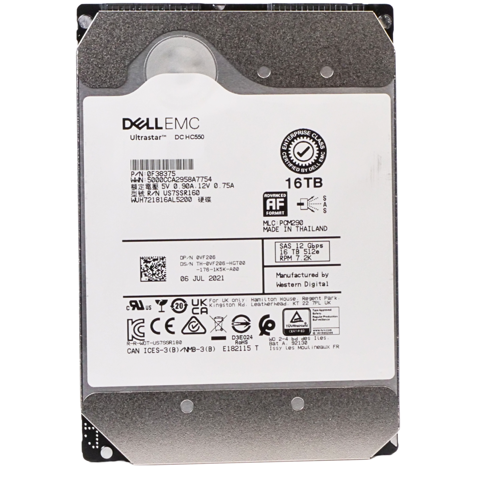 Dell/WD Ultrastar DC HC550 WUH721816AL5200 0F38375 16TB 7.2K RPM SAS 12Gb/s 512e 256MB 3.5in HDD