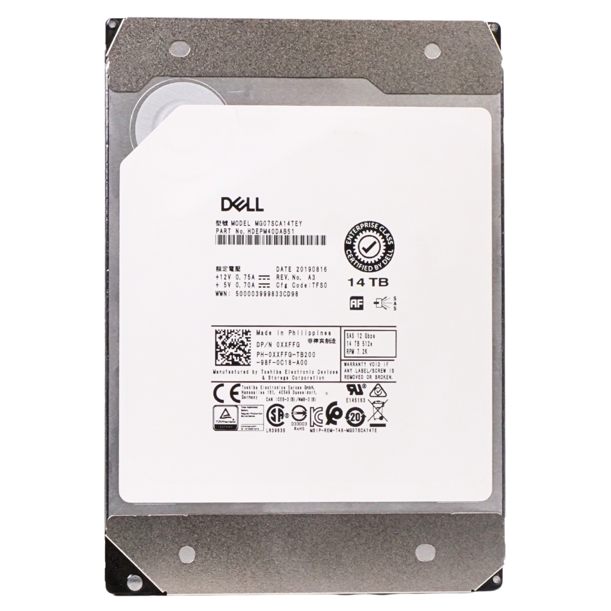 Dell/Toshiba MG07SCA13TEY 14TB 7.2K RPM SAS 12Gb/s 512e 256MB 3.5in Refurbished HDD