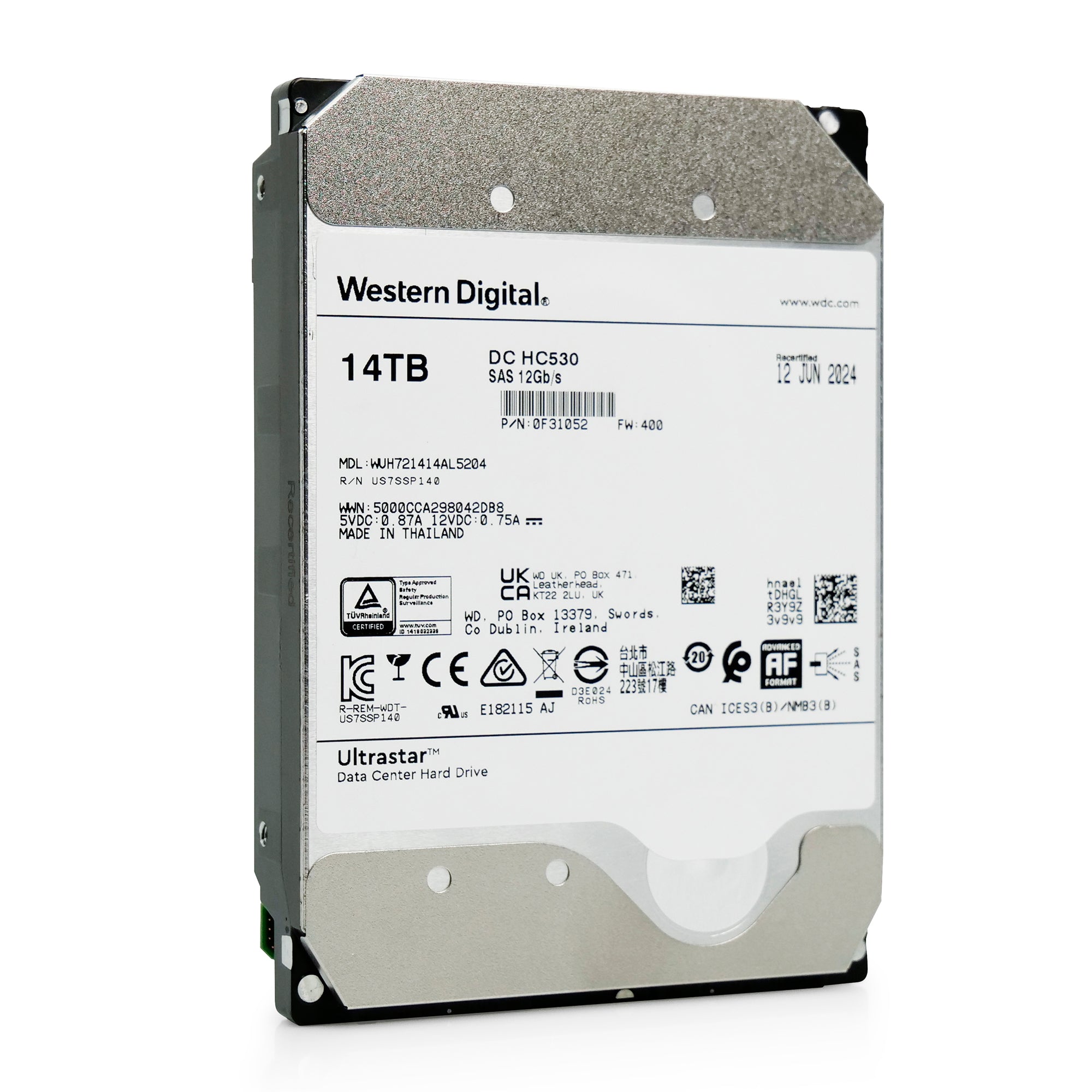 Western Digital Ultrastar DC HC530 WUH721414AL5204 0F31052 14TB 7.2K RPM SAS 12Gb/s 3.5in Recertified Hard Drive