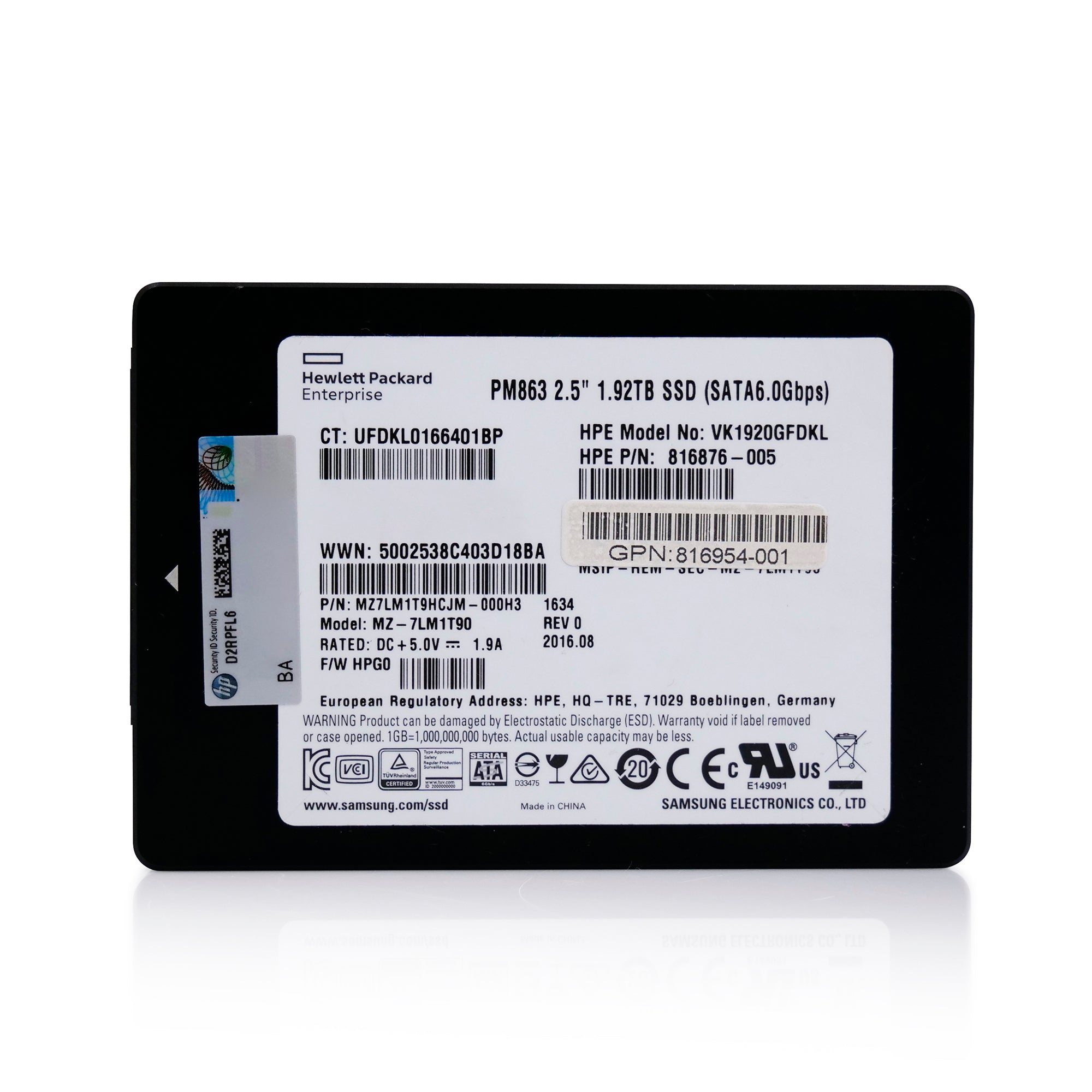 HP VK1920GFDKL 1.92TB SATA 6Gb/s 3D TLC 2.5in Refurbished SSD