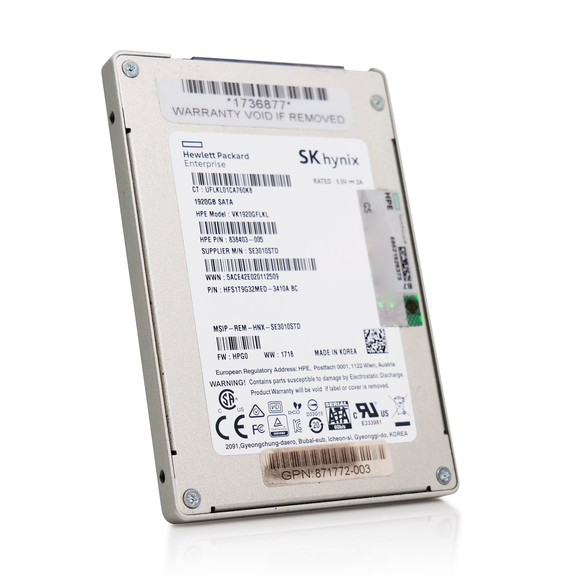 HP VK1920GFLKL 1.92TB SATA 6Gb/s 3D TLC 2.5in Refurbished SSD