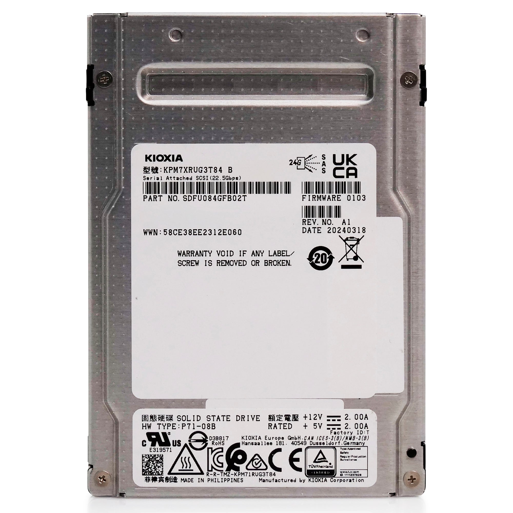 Kioxia PM7-R KPM7XRUG3T84 3.84TB 1DWPD SAS 24Gb/s 3D TLC 2.5in Solid State Drive