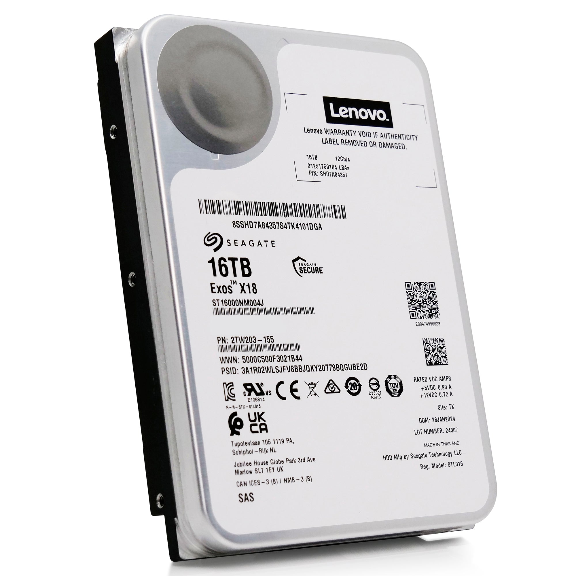 Seagate/Lenovo Exos X18 ST16000NM004J SHD7A84367 16TB 7.2K RPM SAS 12Gb/s 512e 3.5in Refurbished HDD