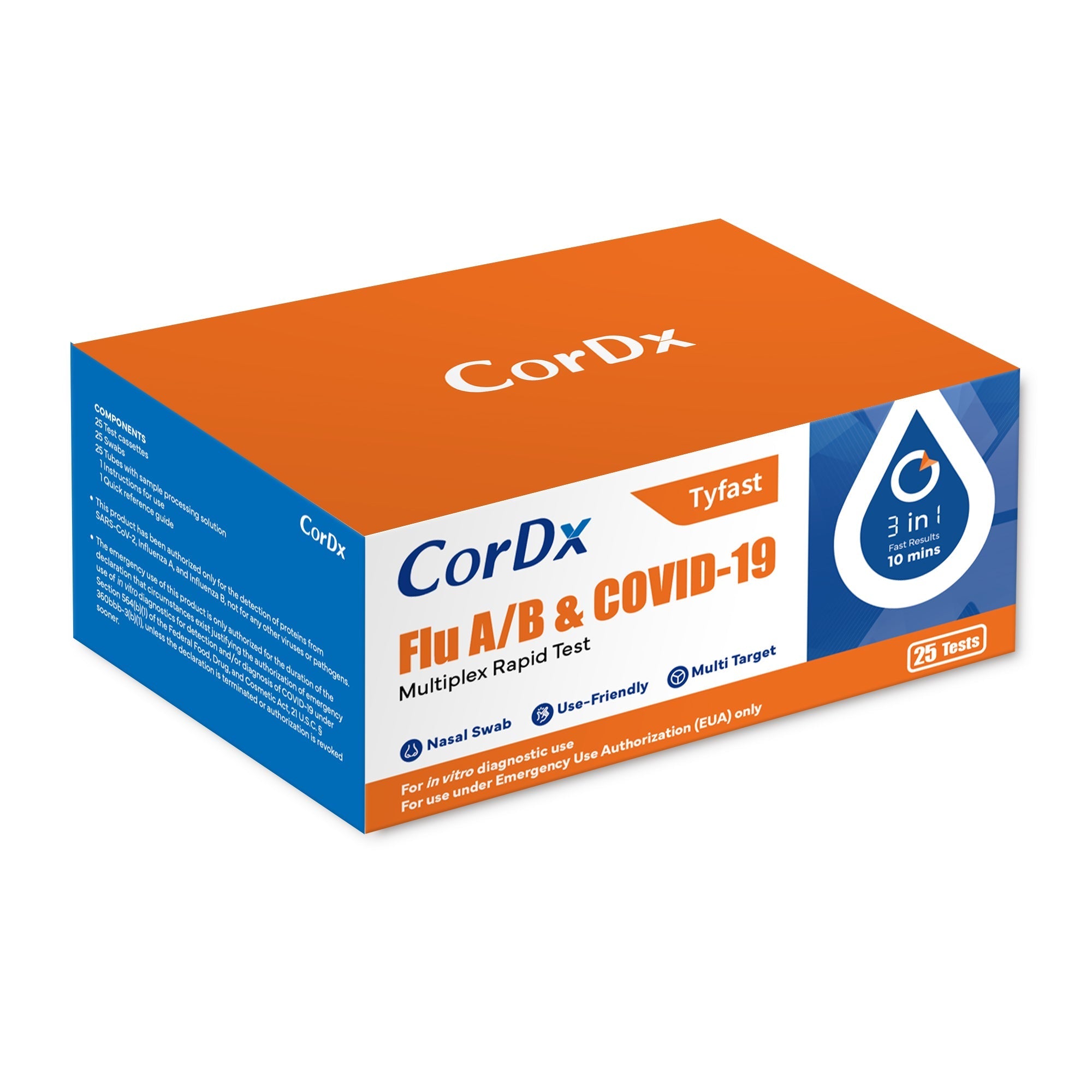 CorDx 3 in 1 Tyfast Flu A/B & COVID-19 POC Multiplex Rapid Test (25 Tests per Box