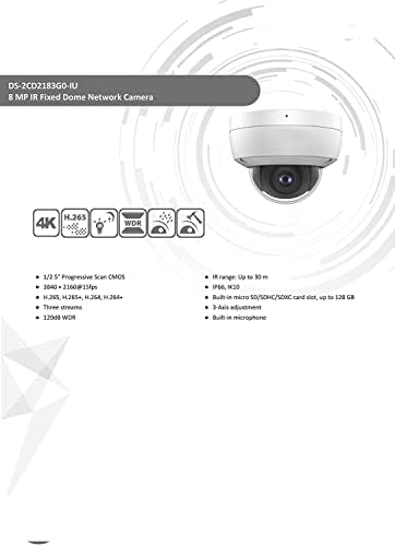 DS-2CD2183G2-I 4K 8MP AcuSense Vandal Fixed Dome POE IP Camera Outdoor, 2.8mm Wide Angle, 3-Axis, WDR, IP67, IK10|B0FND643B6