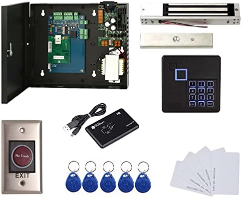 MENGQI-CONTROL 2 Door Access Control Board System 600lbs Electromagnetic Lock Infrared NoTouch Exit Button Keypad Reader 110~240V Power Supply Box USB Enroll Reader Card Key Fob APP remotely Open Door