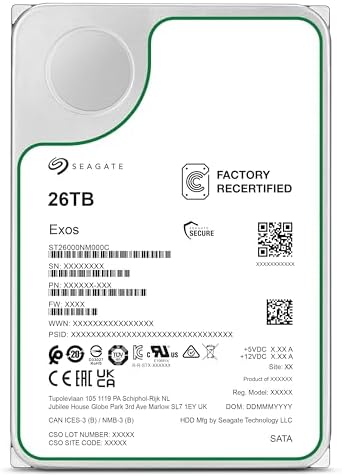 Seagate (Recertified Exos 26TB Internal Hard Drive HDD - 3.5 in CMR SATA 6Gb/s, 7200 RPM, 512MB Cache, 2.5M MTBF (ST26000NM000C) , Renewed|B0DTSG1MT1