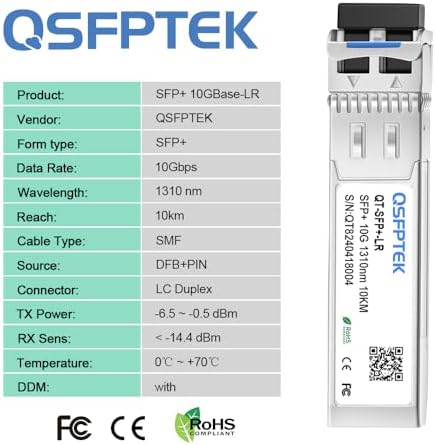 10G LR SFP+ Module, 10GBASE-LR Gigabit Ethernet Optic Transceiver, 10GbE Network MINI GBIC, SMF 1310nm 10km DDM LC Single-Mode for Cisco SFP-10G-LR, Mikrotik S-31DLC20D and Other Open Switch|B07QXP6YW5
