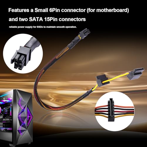 ELFJMZP Small 6Pin to Dual SATA 15Pin Power Cable for Dell Vostro (3650/3653/3655/3252/V3668/3268/3660/3250) & Inspiron Desktops, 18AWG Pure Copper, 37cm Length, 6cm SATA Spacing - SSD Expansion|B0FRN521J9