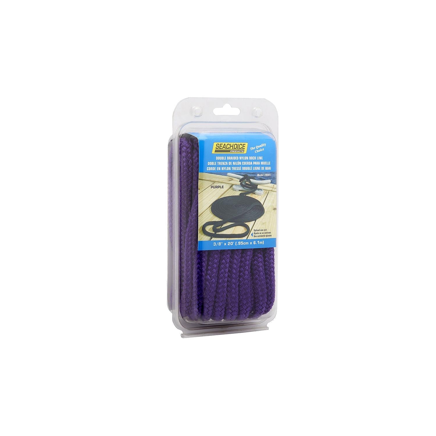 Seachoice Double-Braid Nylon Dock Line w/ Eye Splice, Pre-Shrunk, Heat Stabilized, 3/8 In. X 20 Ft., Purple
