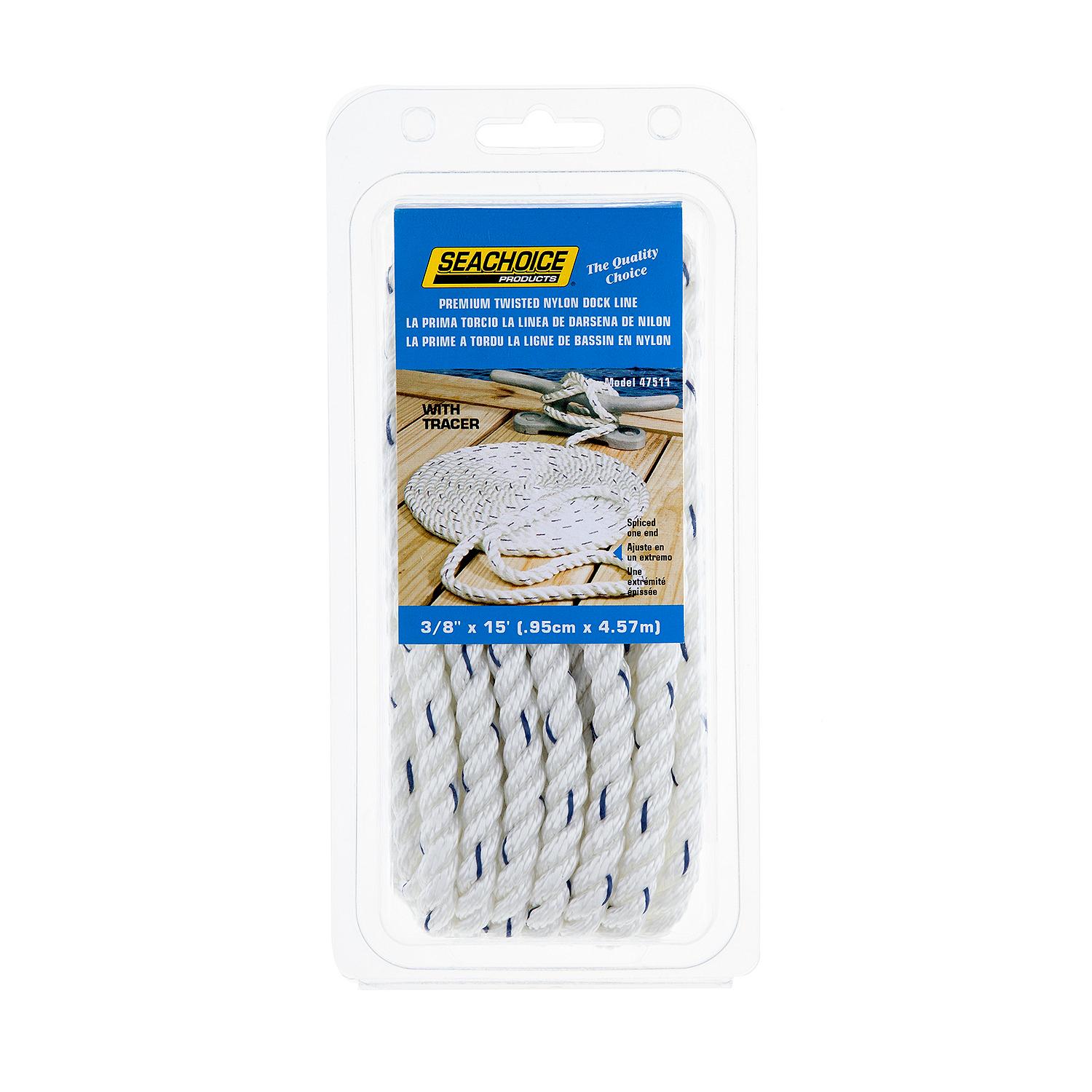 Seachoice 47511 Premium 3-Strand Twisted Nylon Dock Line, White w/ Blue Tracer, 3/8" x 15'