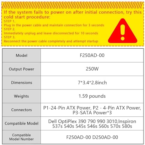 F250AD-00 D250AD-00 250W Power Supply Compatible with Dell Optiplex 390 790 990 3010 Inspiron 537s 540s 545s 546s 560s 570s 580s Vostro 200s 220s 230s 400s Studio 540s Slim Desktop DT Systems|B0BZHSDK4L