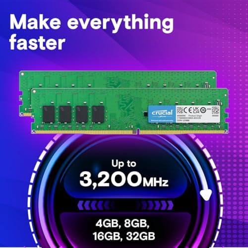 Crucial 32GB DDR4 RAM, 3200MHz (PC4-25600 CL22 Desktop Memory, UDIMM 288-Pin, Downclockable to 2933/2666MHz, Compatible with Intel and AMD Ryzen - CT16G4DFRA32A