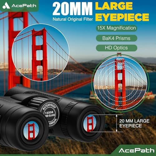 AcePath 15x56 Binoculars for Adults High Powered - Large View Waterproof Binoculars with Clear Low Light Vision - Compact Binocular Essentials for Hunting Camping Cruise Travel Bird Watching Sports
