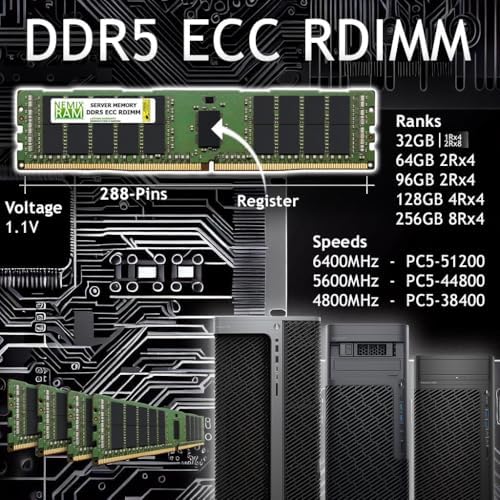 NEMIX RAM 128GB (4X32GB DDR5 6400MHZ PC5-51200 CL52 2Rx4 1.1V 288-PIN ECC RDIMM Registered Server Memory KIT Compatible with Dell PowerEdge R7715 Rack Server
