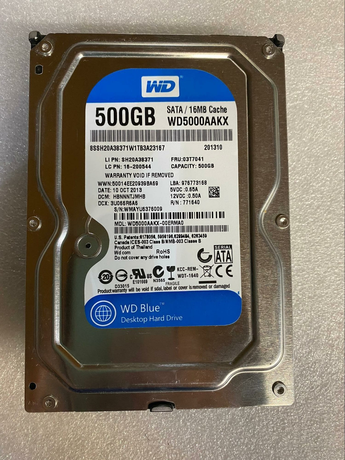 WESTERN DIGITAL 500Gb 3.5 7.2K RPM SATA Hard Disk Drive HDD 03T7041 SH20A38371,