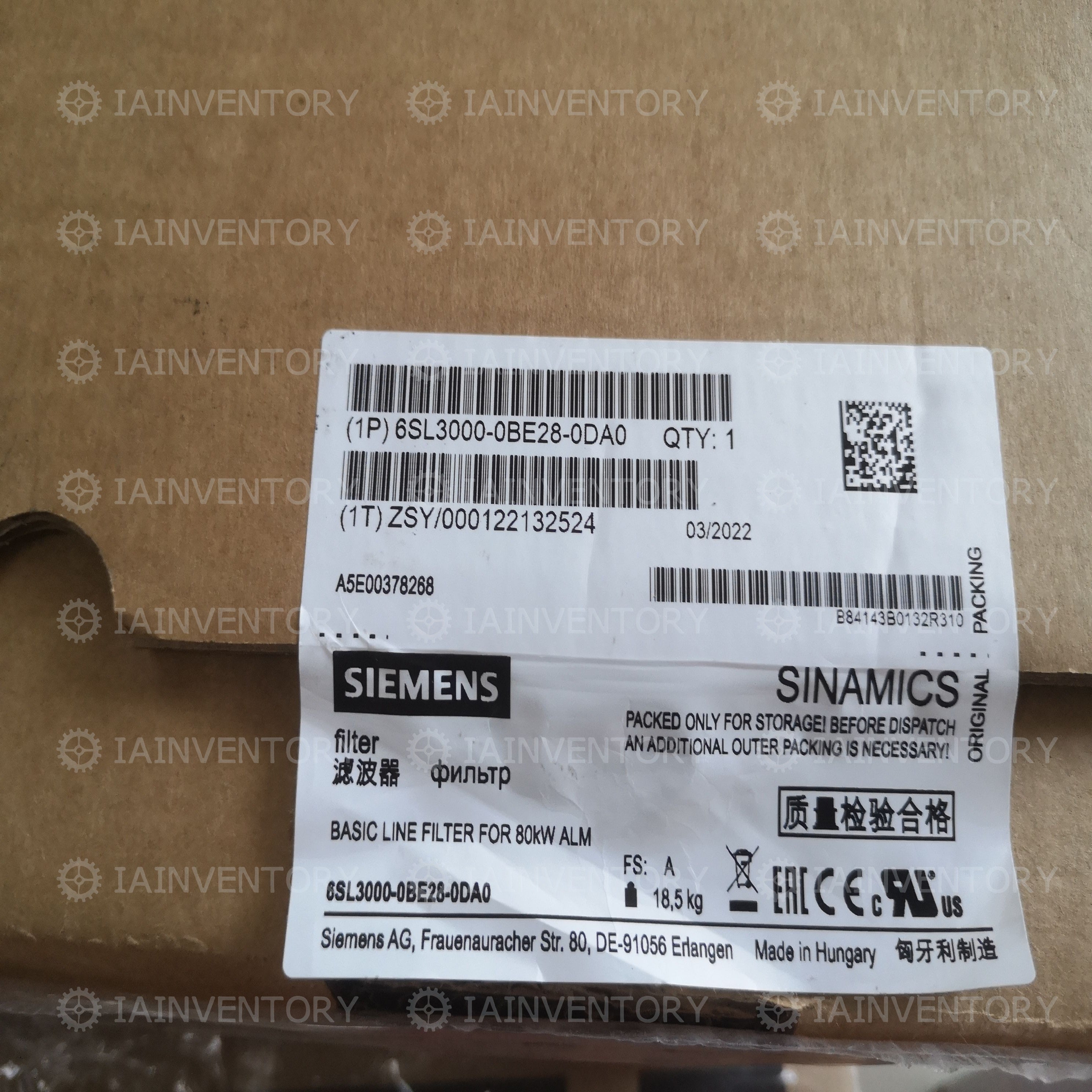 SIEMENS 6SL3000-0BE28-0DA0 LINE FILTER 6SL30000BE280DA0
