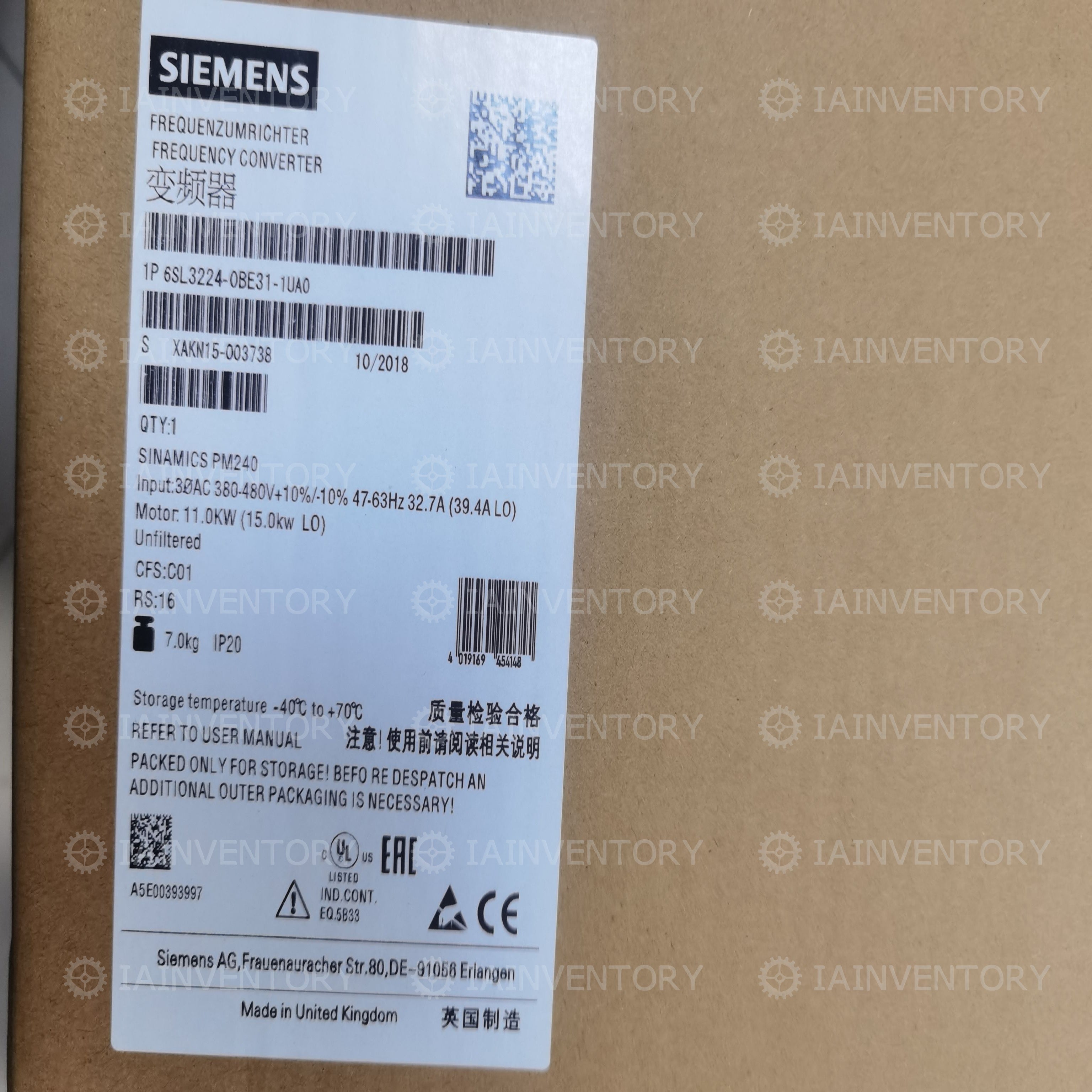 Unopened Siemens 6SL3224-0BE31-1UA0 6SL3 224-0BE31-1UA0
