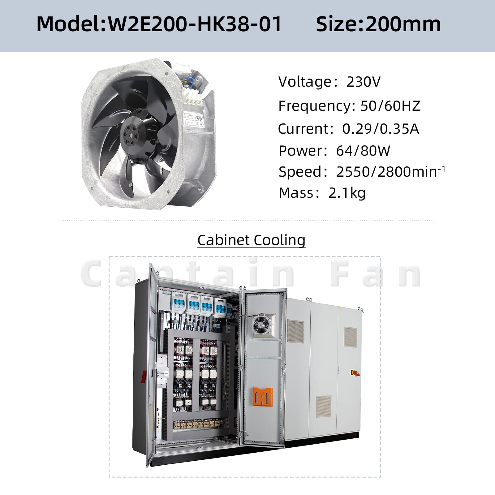 W2E200-HK38-01 Ebm Papst Fan 230VAC 80W 225 * 225 * 80MM Axial Fan for Cabinet/Electric Drive Able to Replace W2E200-HH38-01