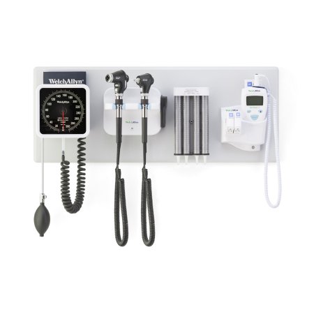 Welch Allyn Green Series 777 Integrated Wall System with PanOptic Plus LED Ophthalmoscope, MacroView Plus LED Otoscope for iExaminer, BP Aneroid, Ear Specula Dispenser, and SureTemp Plus Thermometer (777-PM3WAS-US
