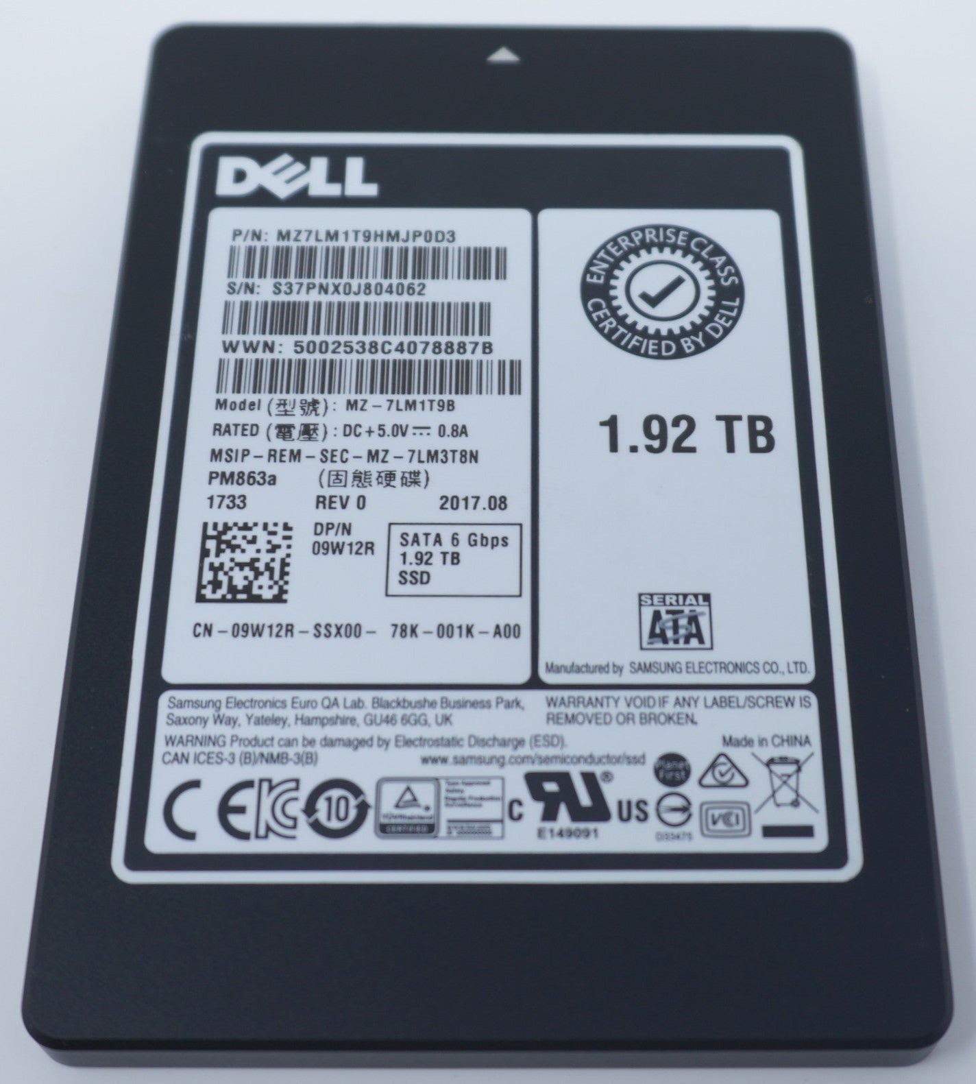 9W12R Dell 1.92TB SATA 6G Enterprise 2.5" SSD MZ-7LM1T9B 09W12R