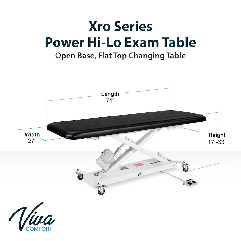 XRO Power Hi-Lo Exam Table, Open Base w/ Flat Top, Casters, Handrail & Antimicrobial Upholstery, ADA Compliant