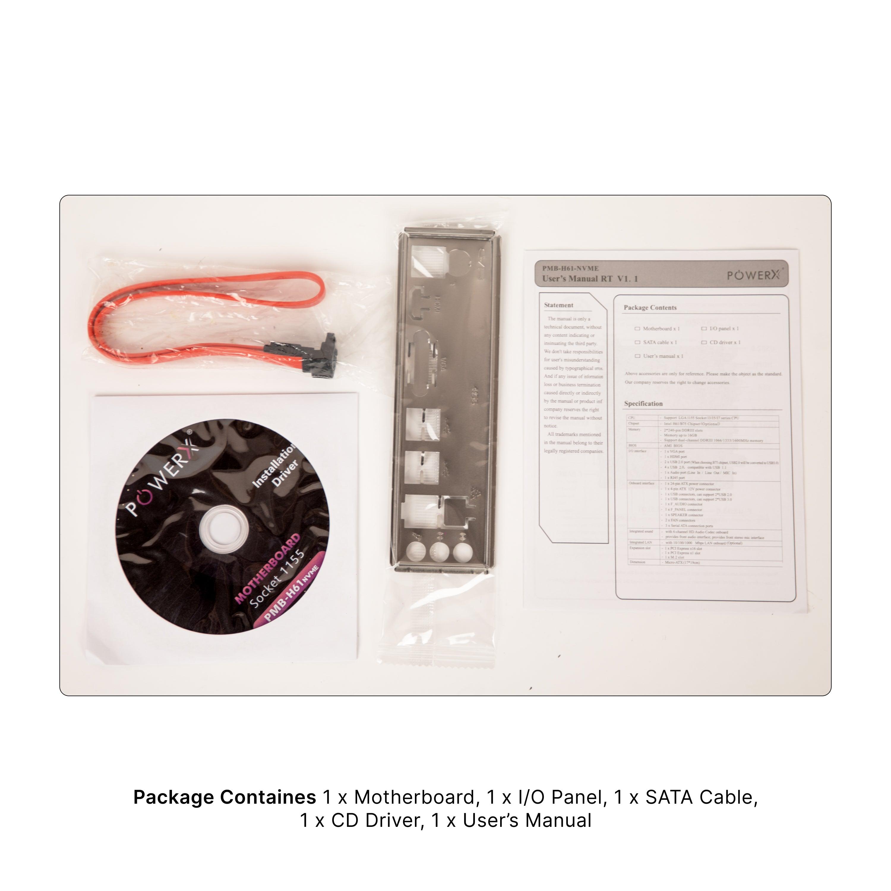 POWERX PMB-H61-DDR3 Motherboard | Intel LGA1155 Socket | DDR3 RAM | H61 Chipset | 16GB Max Memory | NVMe, HDMI, USB | Micro-ATX