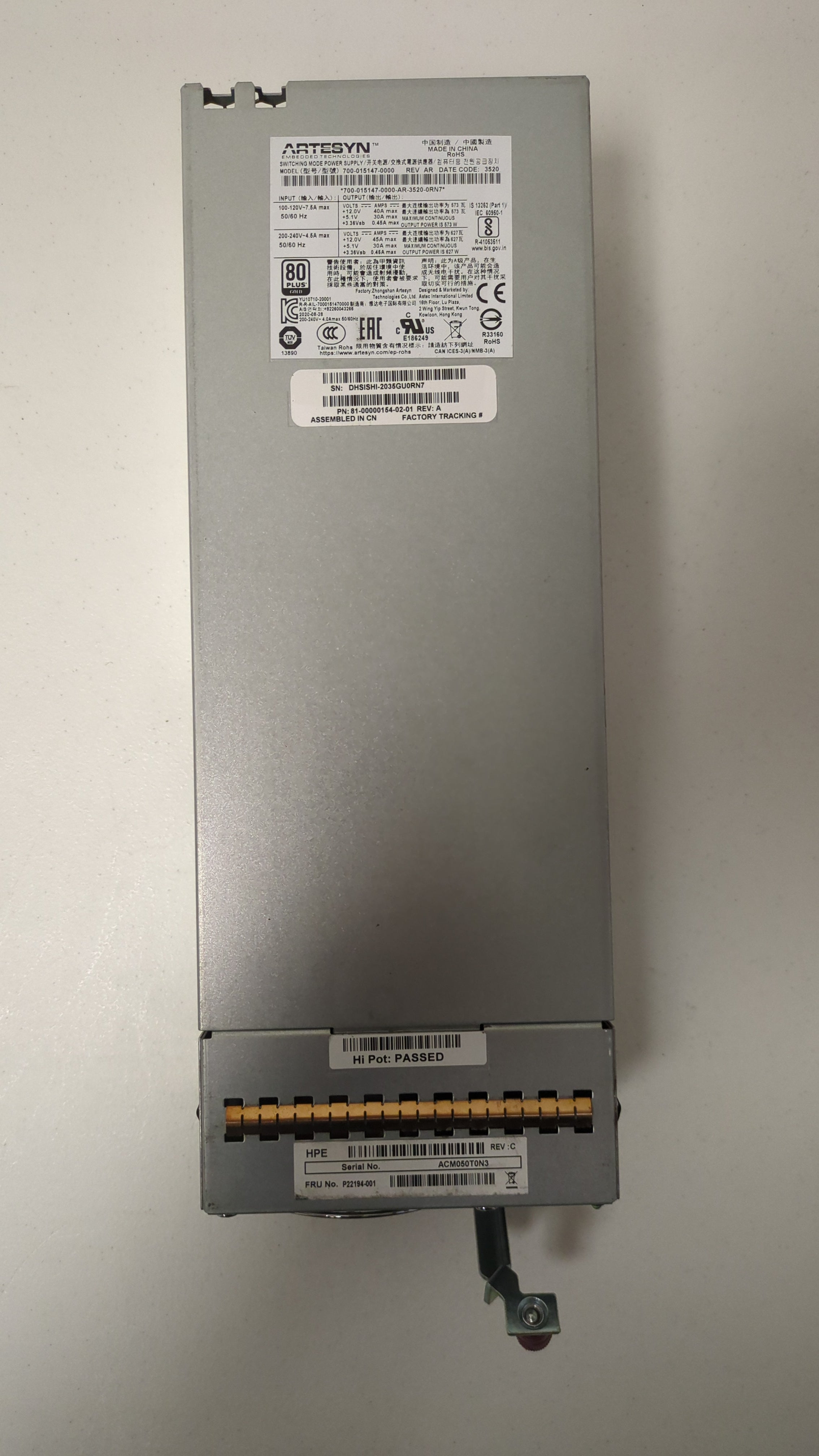 HPE P22194-001 - MSA 627W Gold PSU Label Detail | Alo Tech Solutions