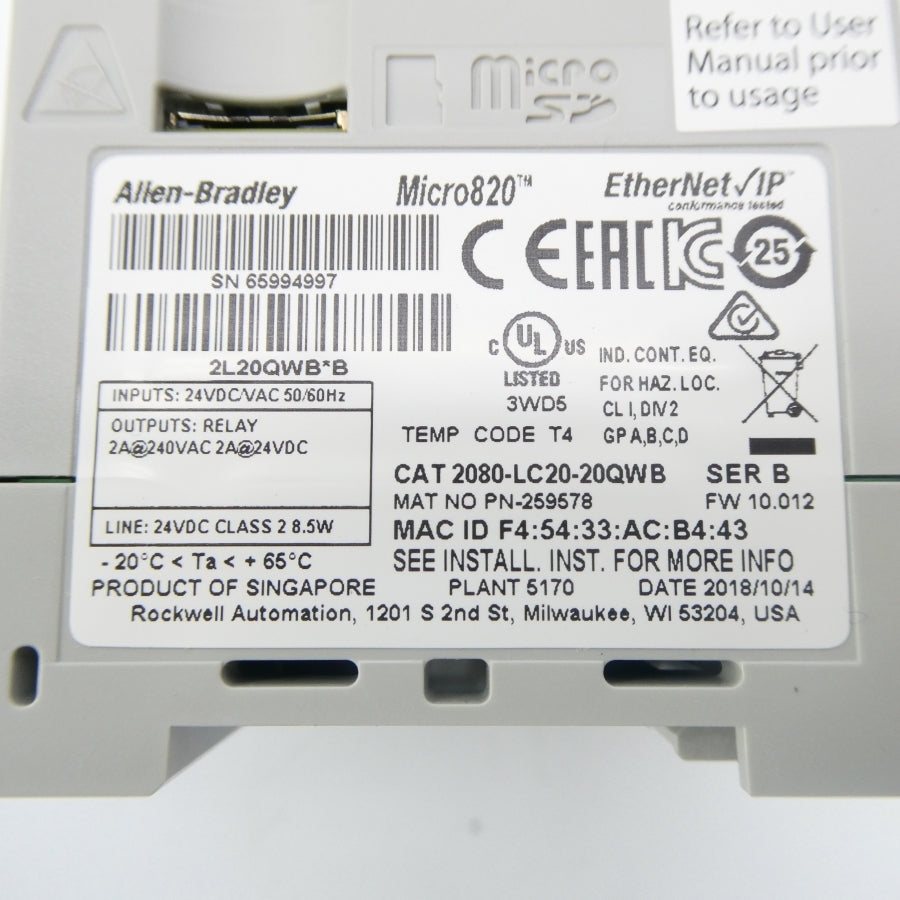 ALLEN BRADLEY 2080-LC20-20QWB SER. B F/W 10.012 24VAC/DC NSMP