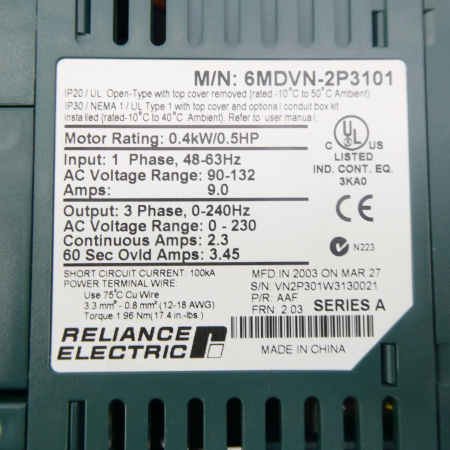 RELIANCE ELECTRIC 6MDVN-2P3101 SER. A F/W 2.03 90-132VAC 9.0A NSMP