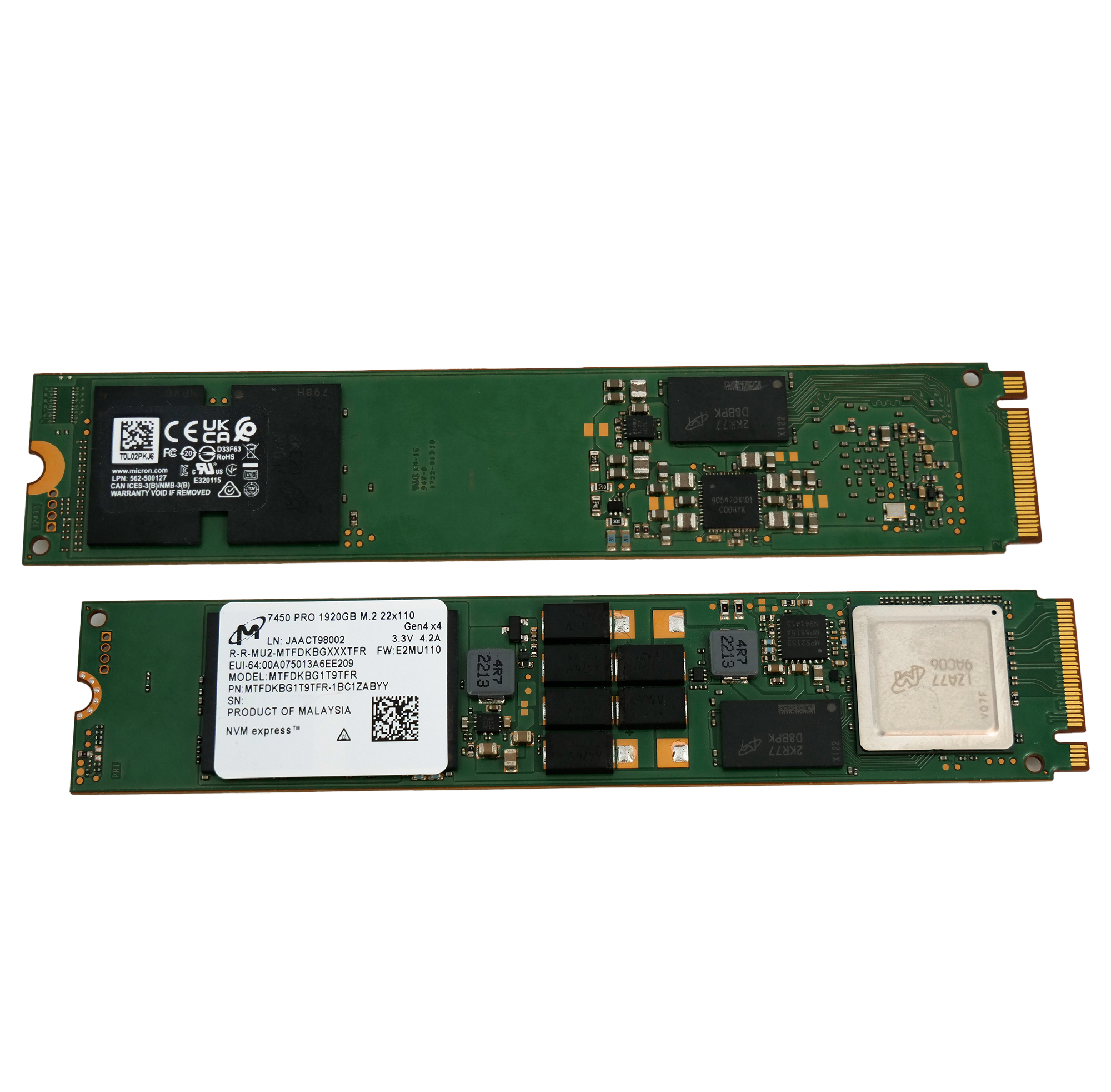 Micron 7450 Pro MTFDKBG1T9TFR 1.92TB 1 DWPD PCIe Gen 4.0 x4 8GB/s TLC NVMe M.2 22110 in Solid State Drive