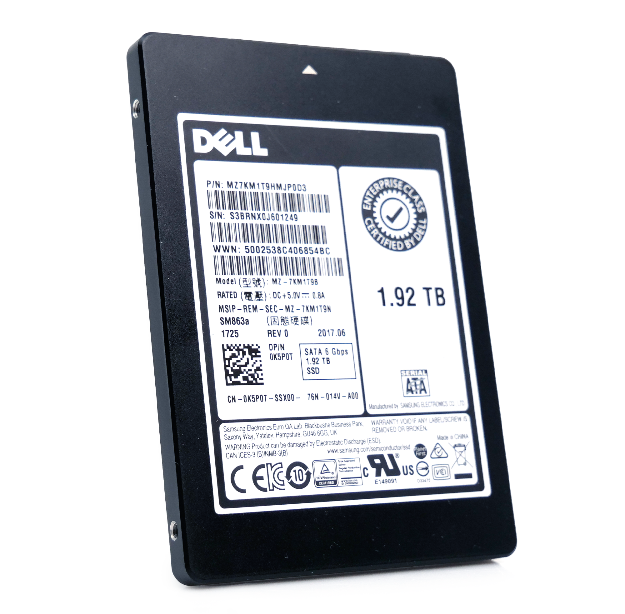 Dell/Samsung SM863a MZ7KM1T9HMJP0D3 0K5P0T 1.92TB SATA 6Gb/s Mixed Use V-NAND 2.5in Refurbished Enterprise SSD