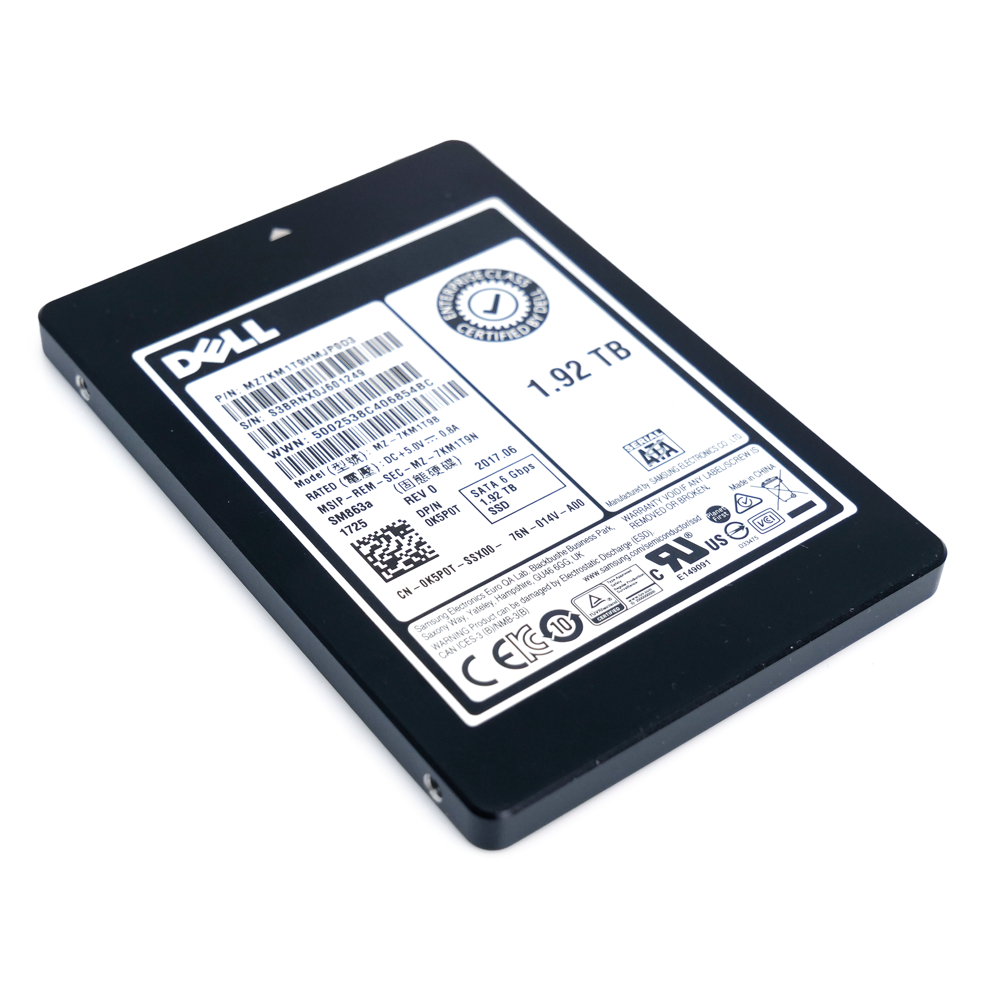 Dell/Samsung SM863a MZ7KM1T9HMJP0D3 0K5P0T 1.92TB SATA 6Gb/s Mixed Use V-NAND 2.5in Refurbished Enterprise SSD