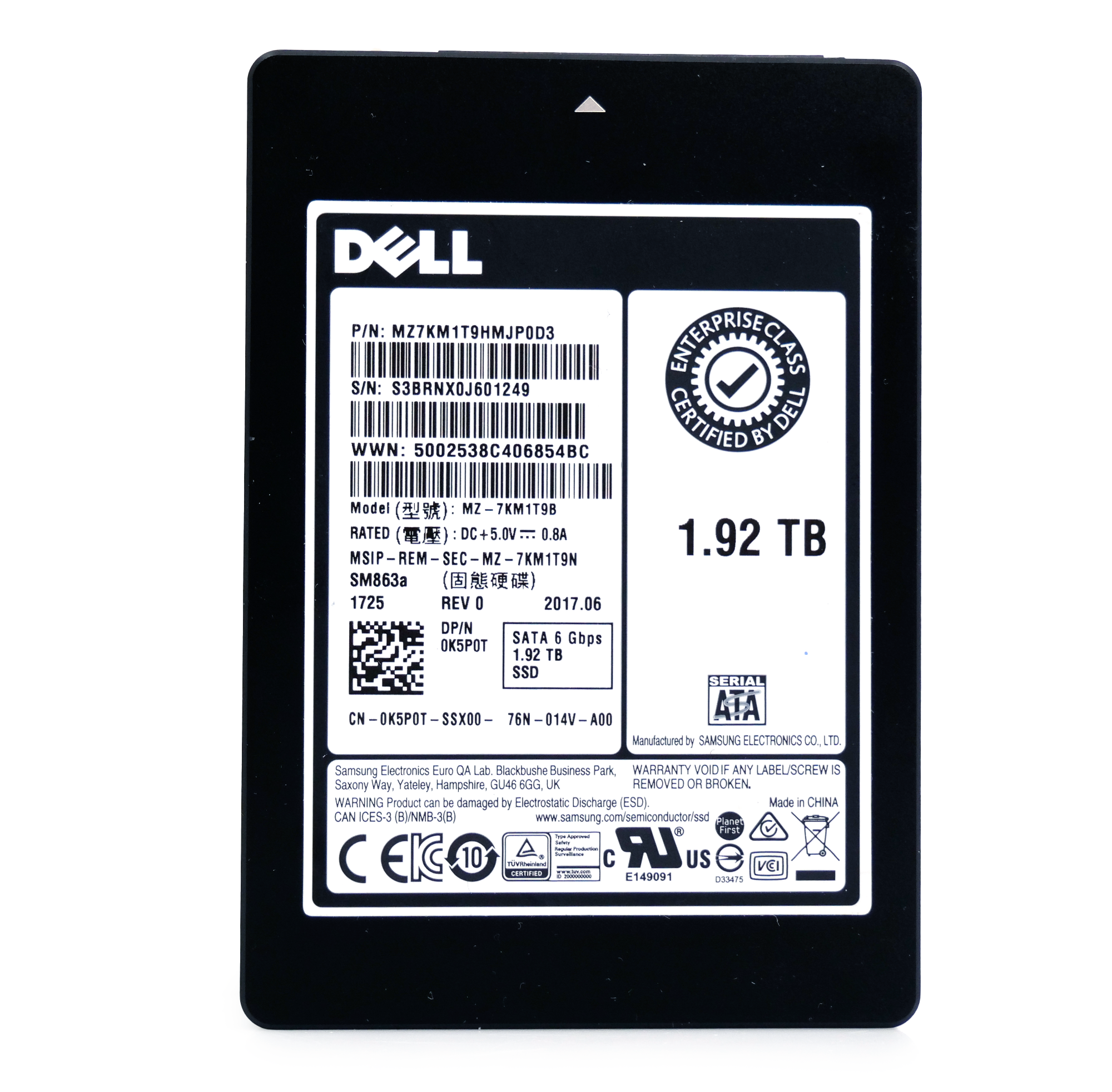 Dell/Samsung SM863a MZ7KM1T9HMJP0D3 0K5P0T 1.92TB SATA 6Gb/s Mixed Use V-NAND 2.5in Refurbished Enterprise SSD