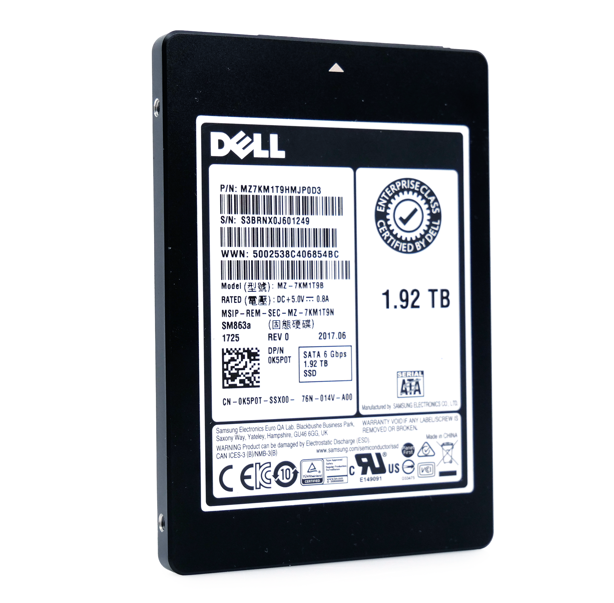 Dell/Samsung SM863a MZ7KM1T9HMJP0D3 0K5P0T 1.92TB SATA 6Gb/s Mixed Use V-NAND 2.5in Refurbished Enterprise SSD