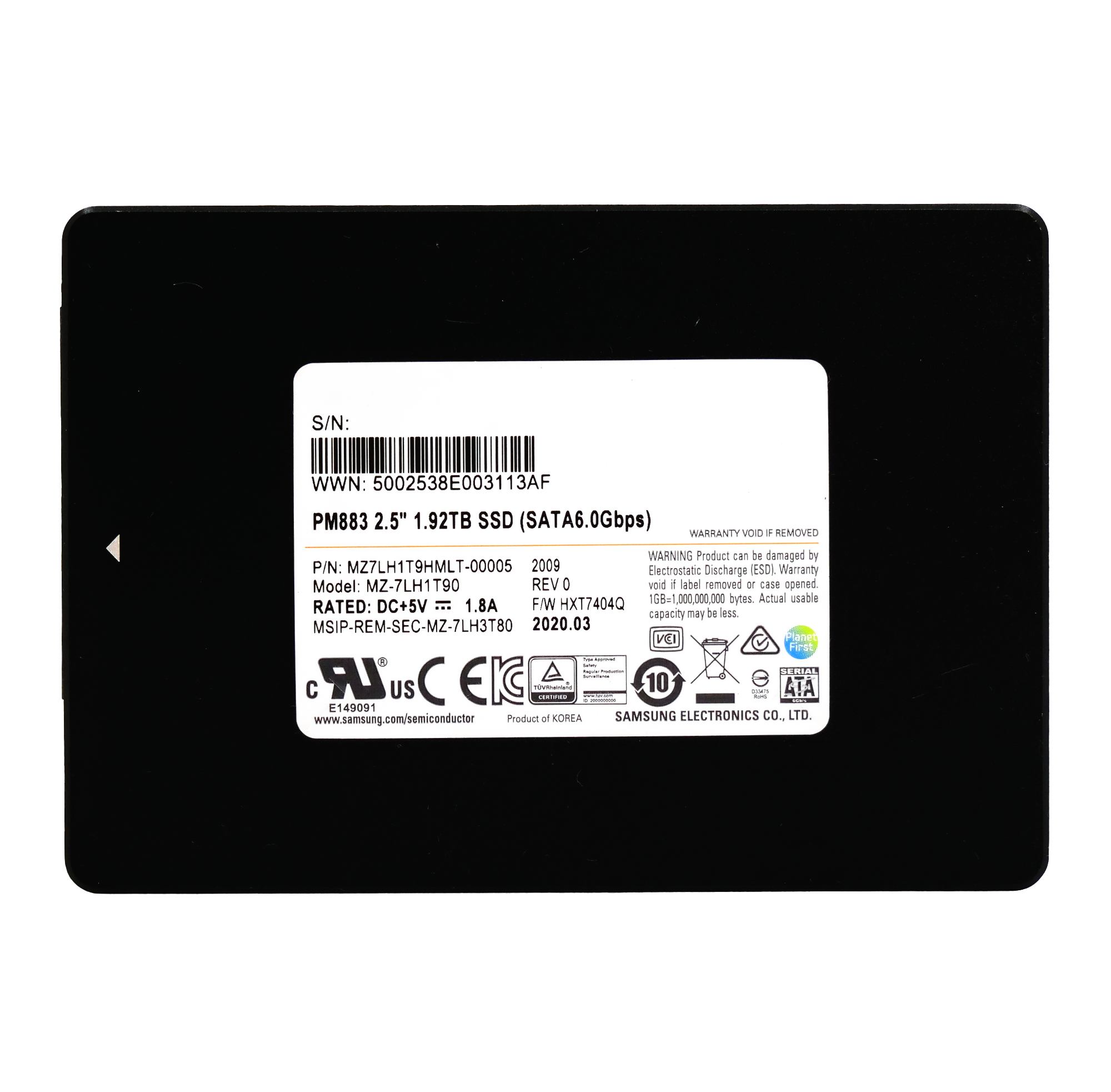 Samsung PM883 MZ7LH1T9HMLT 1.92TB 1.3 DWPD SATA 6Gb/s V-NAND TLC 2.5in Refurbished SSD