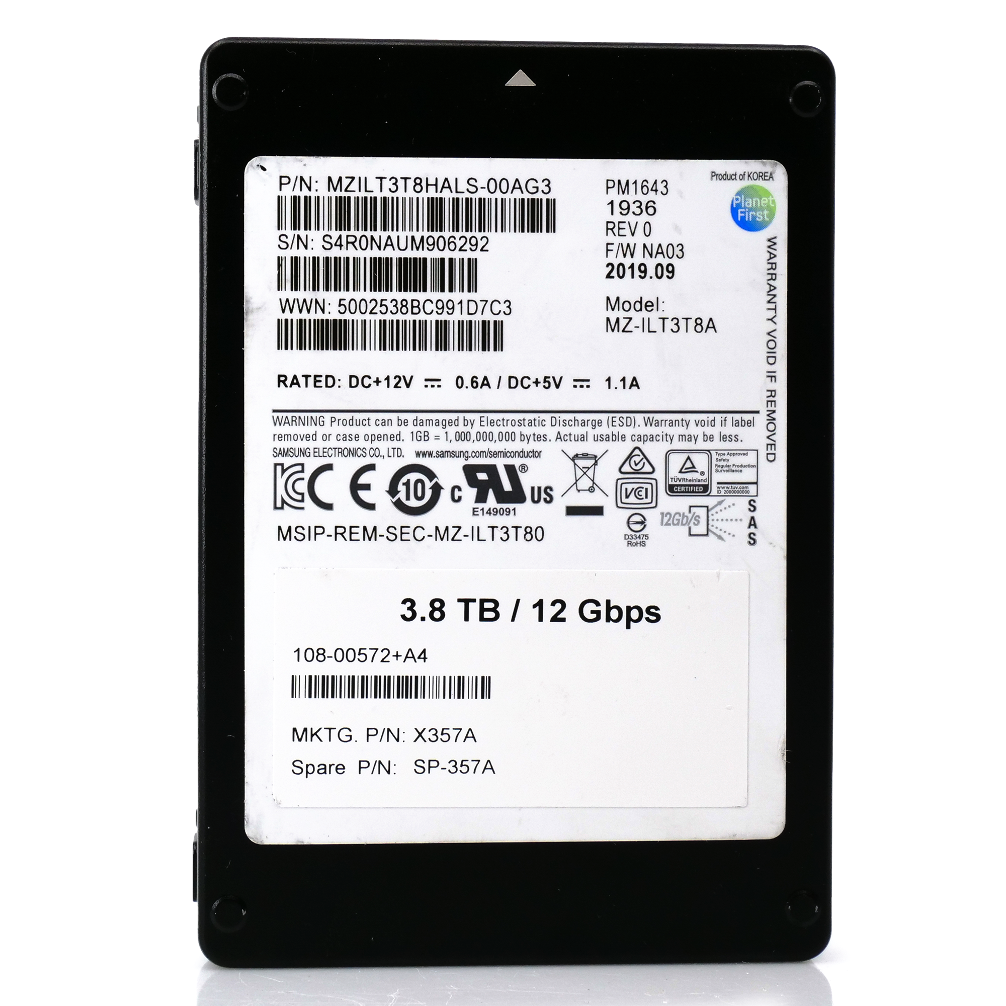 Samsung PM1643 MZILT3T8HALS 3.84TB 1 DWPD SAS 12Gb/s 512e 2.5in Refurbished SSD