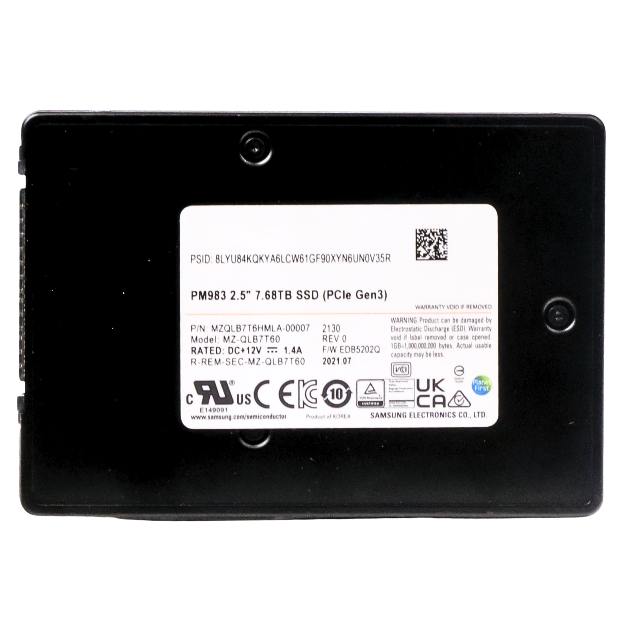 Samsung PM983 MZQLB7T6HMLA 7.68TB 1 DWPD PCIe Gen 3.0 x4 4GB/s U.2 NVMe 2.5in SSD