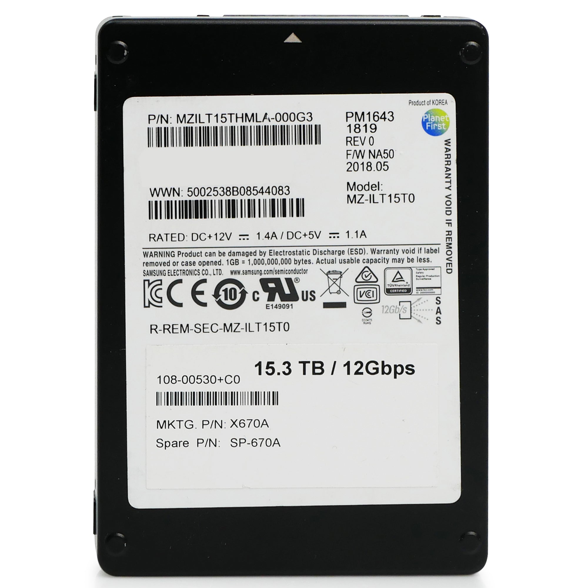 Samsung PM1643 MZILT15THMLA 15.36TB 1 DWPD SAS 12Gb/s 3D TLC 2.5in Refurbished SSD