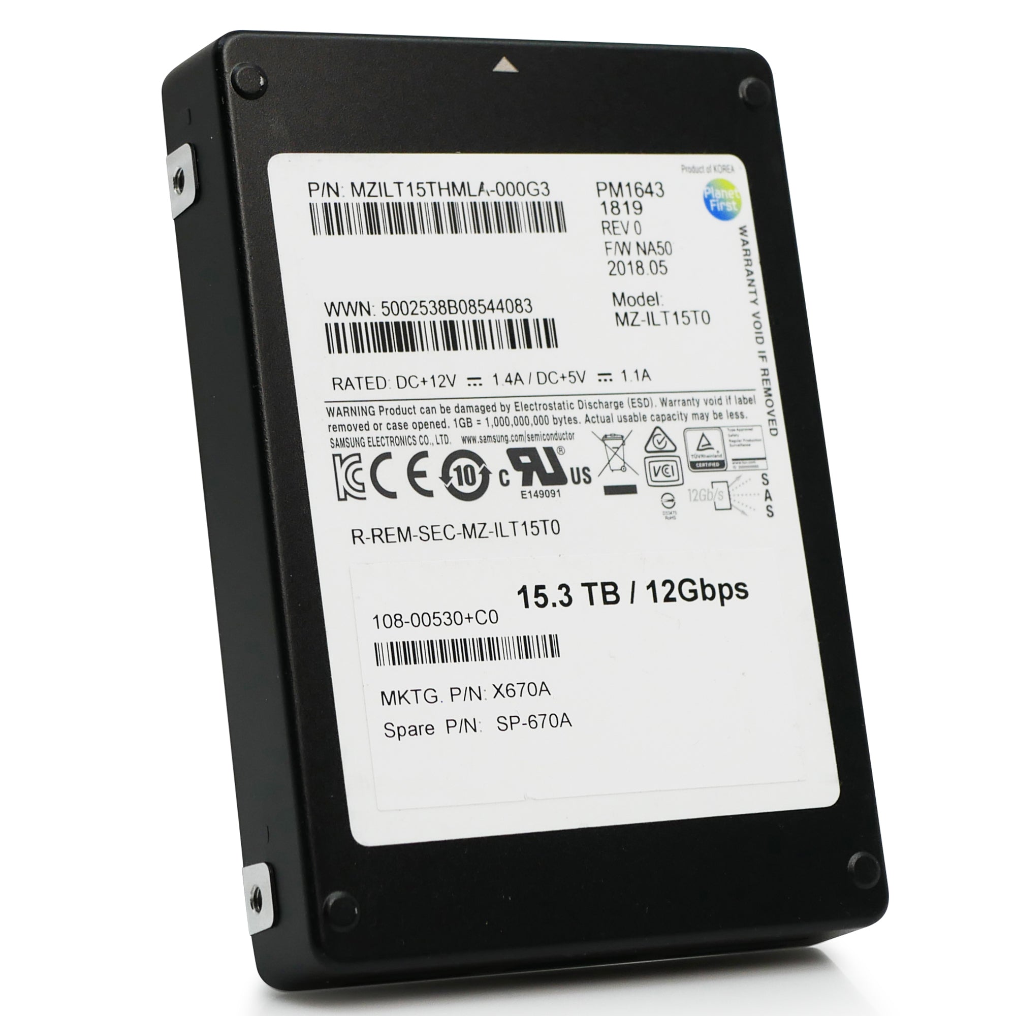 Samsung PM1643 MZILT15THMLA 15.36TB 1 DWPD SAS 12Gb/s 3D TLC 2.5in Refurbished SSD