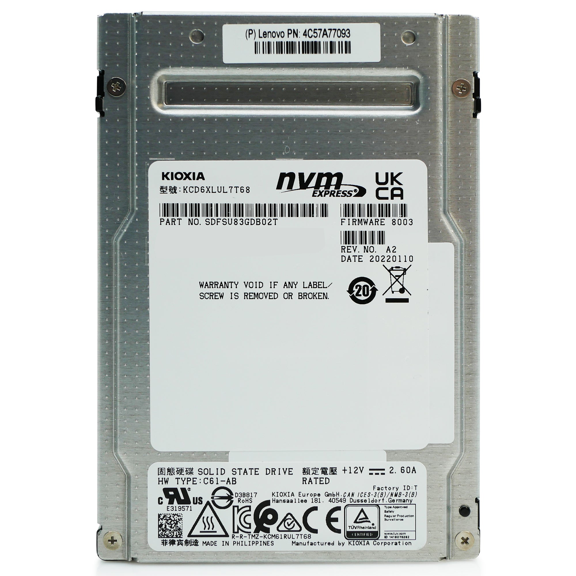 Kioxia CD6-R KCD6XLUL7T68 7.68TB 1 DWPD PCIe Gen 4.0 x4 8GB/s U.3 NVMe 2.5in Solid State Drive