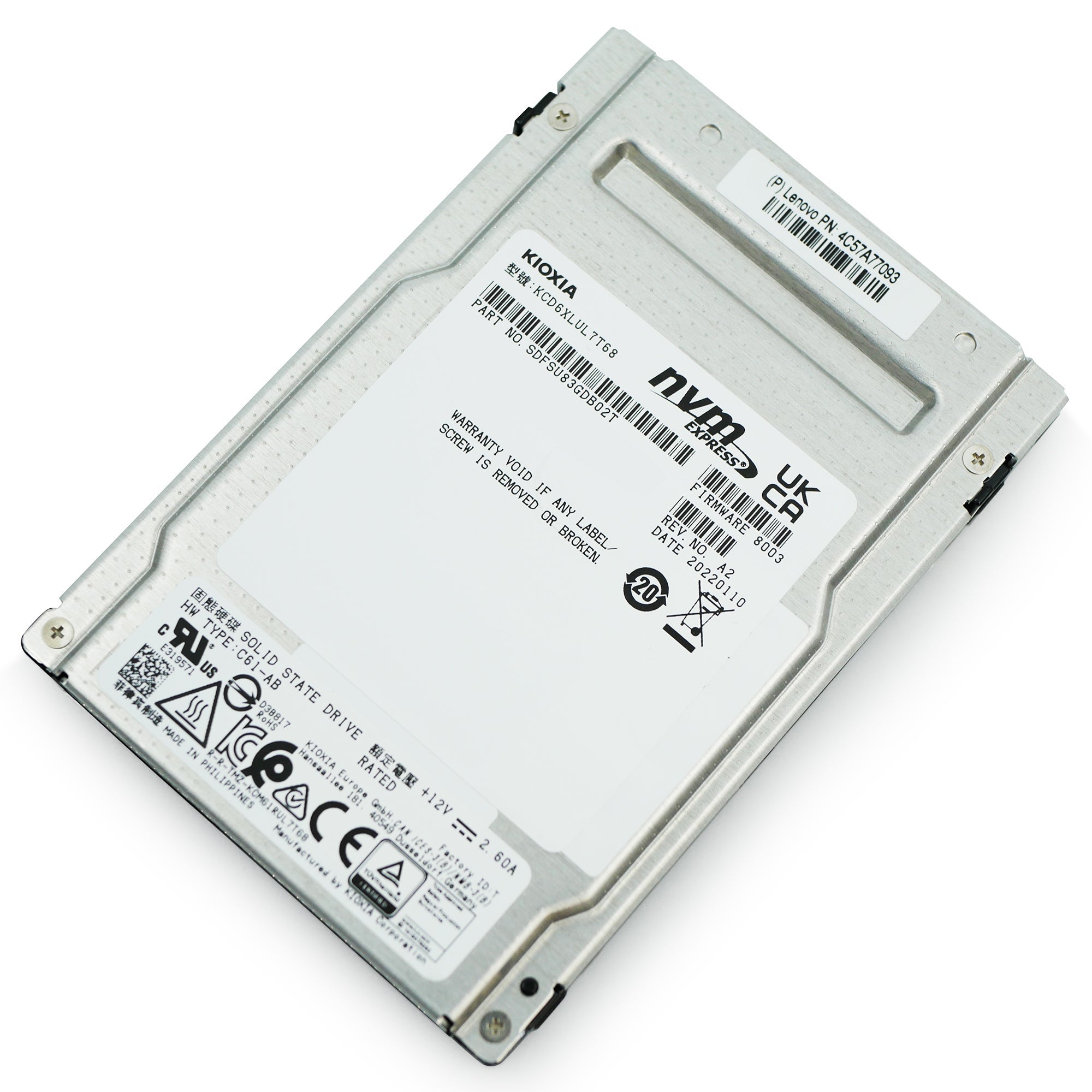 Kioxia CD6-R KCD6XLUL7T68 7.68TB 1 DWPD PCIe Gen 4.0 x4 8GB/s U.3 NVMe 2.5in Refurbished SSD
