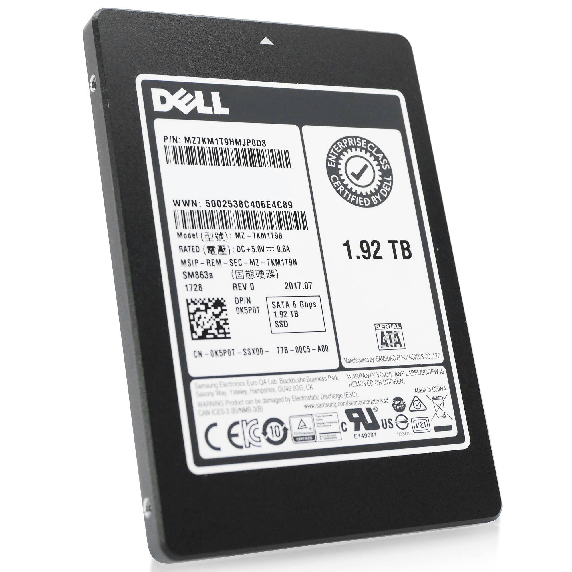 Dell/Samsung SM863a MZ7KM1T9HMJP0D3 1.92TB 3.6 DWPD SATA 6Gb/s V-NAND 2.5in Refurbished SSD