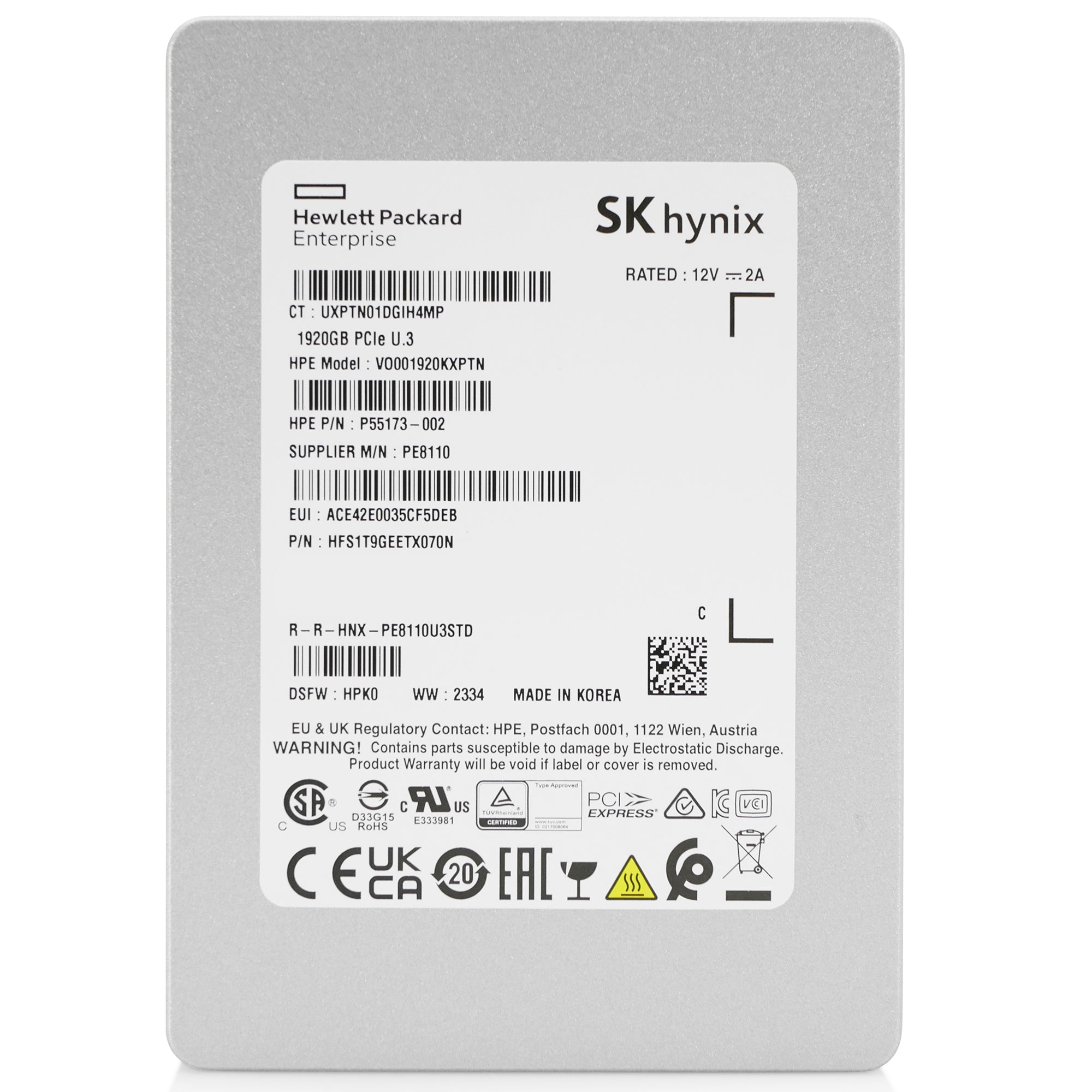 HP/SK hynix PE8110 HFS1T9GEETX070N P55173-002 1.92TB 1 DWPD PCIe Gen 4.0 x4 8GB/s 4D V6 TLC U.3 NVMe 2.5in Solid State Drive